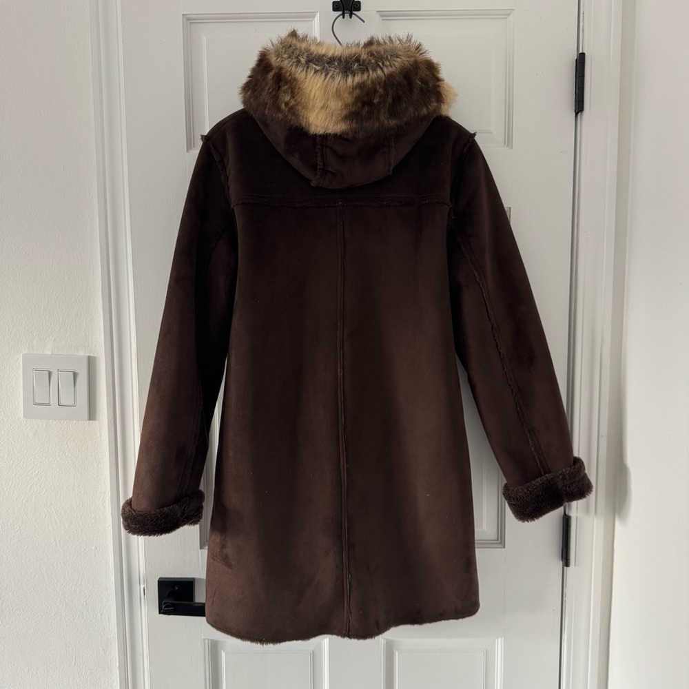 Chocolate Brown Faux Fur Trimmed Women's Pea Coat - Picture 2 of 4